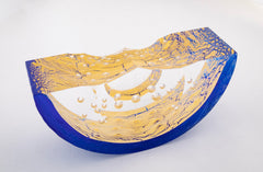 "Thimbles Boat" Contemporary Blue & Clear with Splashes of Gold Glass Sculpture by Steven Weinberg