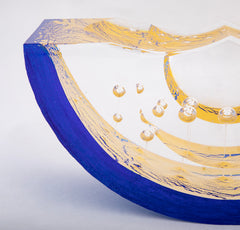 "Thimbles Boat" Contemporary Blue & Clear with Splashes of Gold Glass Sculpture by Steven Weinberg