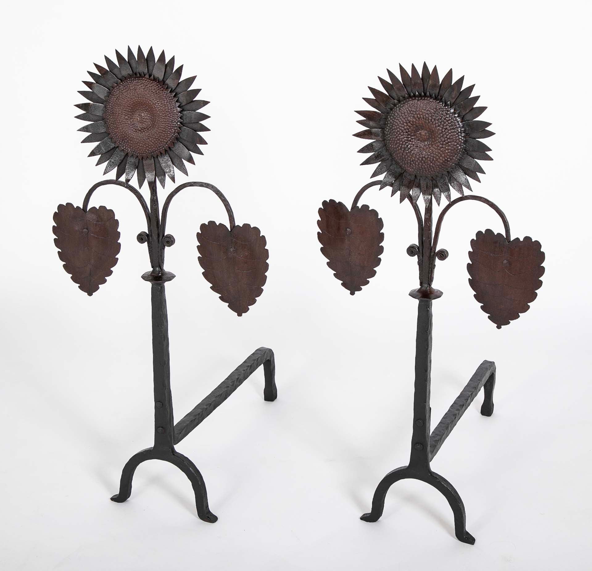 Handsome Pair of Arts & Crafts Sunflower Form Andirons