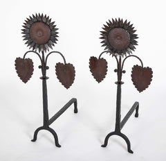 Handsome Pair of Arts & Crafts Sunflower Form Andirons