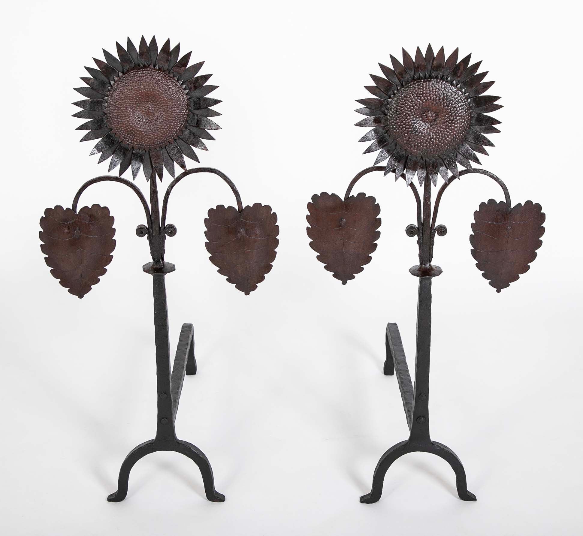 Handsome Pair of Arts & Crafts Sunflower Form Andirons
