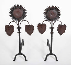 Handsome Pair of Arts & Crafts Sunflower Form Andirons