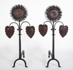 Handsome Pair of Arts & Crafts Sunflower Form Andirons