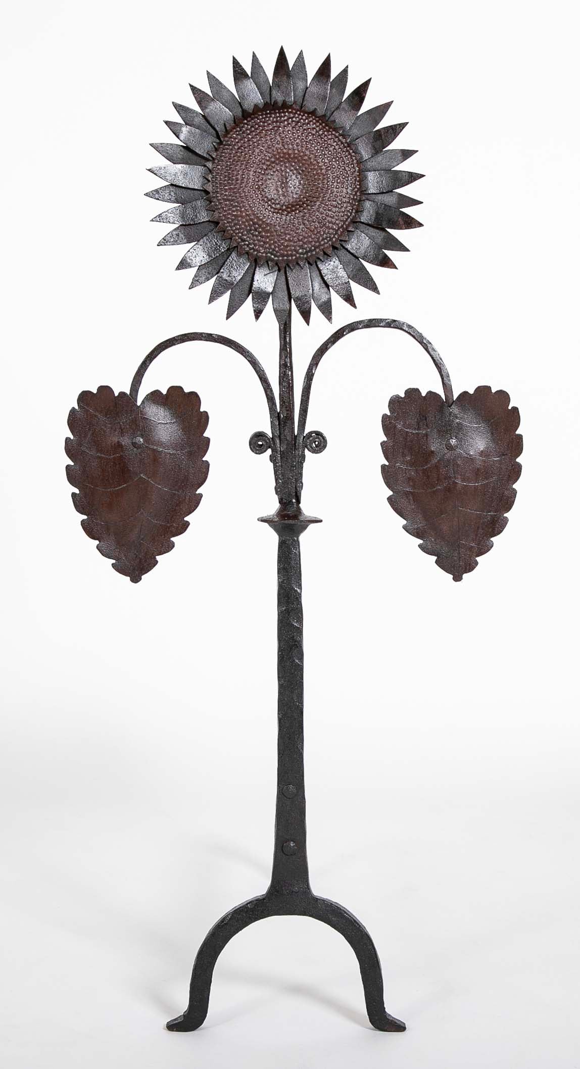 Handsome Pair of Arts & Crafts Sunflower Form Andirons