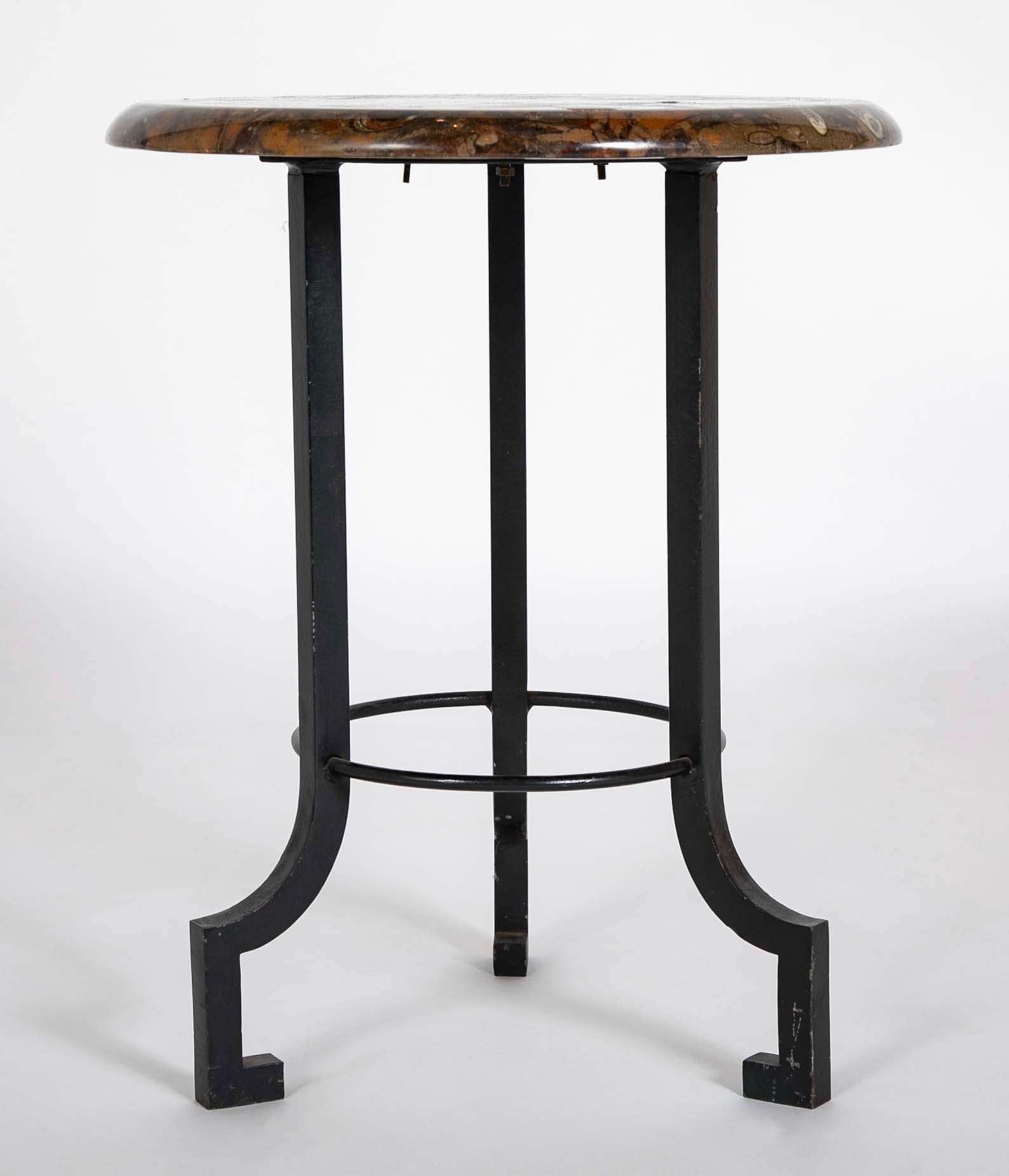 Round Fossilized Top Three Legged Pedestal Table Base in Black Lacquered Metal