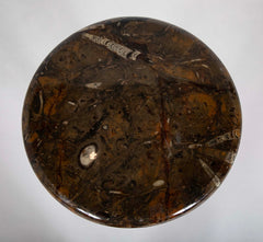 Round Fossilized Top Three Legged Pedestal Table Base in Black Lacquered Metal