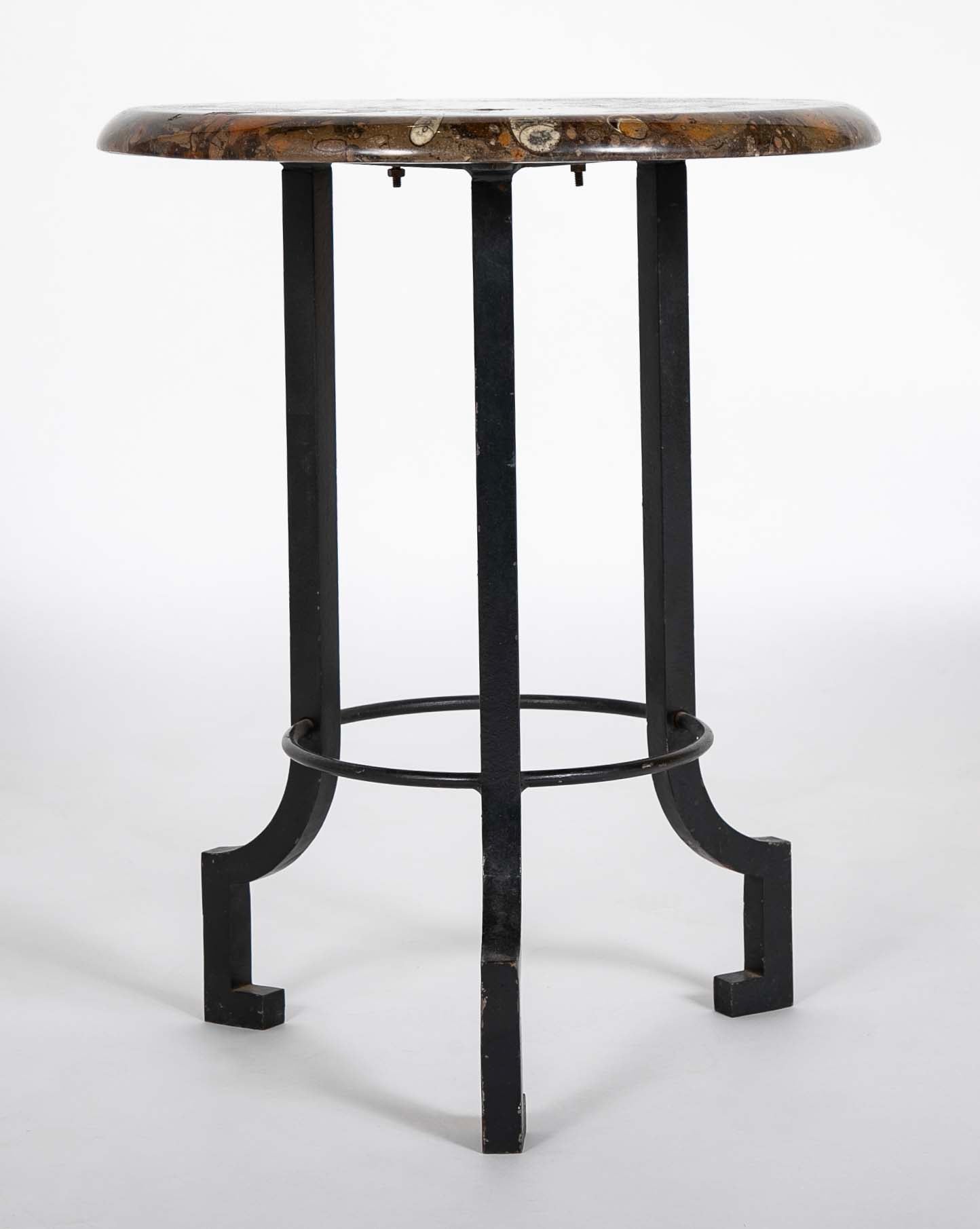 Round Fossilized Top Three Legged Pedestal Table Base in Black Lacquered Metal