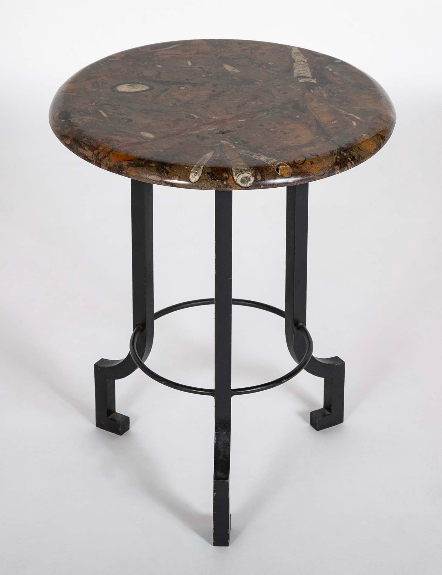 Round Fossilized Top Three Legged Pedestal Table Base in Black Lacquered Metal