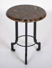 Round Fossilized Top Three Legged Pedestal Table Base in Black Lacquered Metal