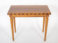 Mid-Century Italian 2 Drawer Wooden Table with Worked Wood Design on Edge & Legs