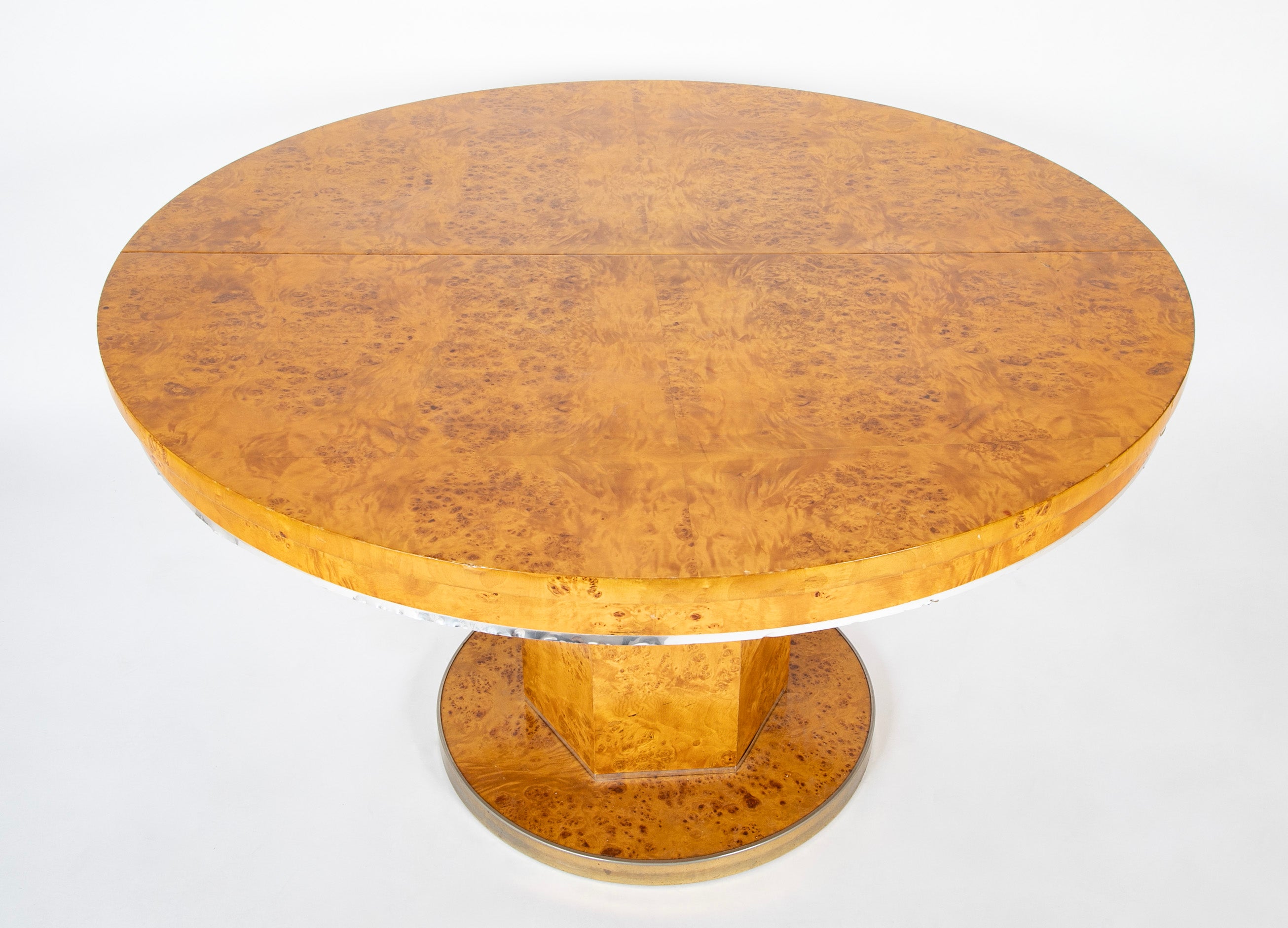Amboyna Veneer Round Table with Metal Banding by Willy Rizzo