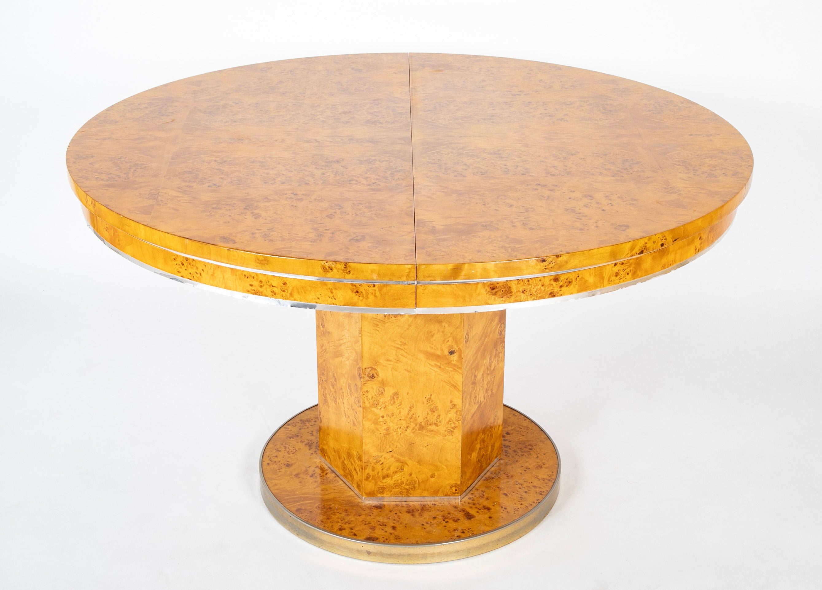 Amboyna Veneer Round Table with Metal Banding by Willy Rizzo