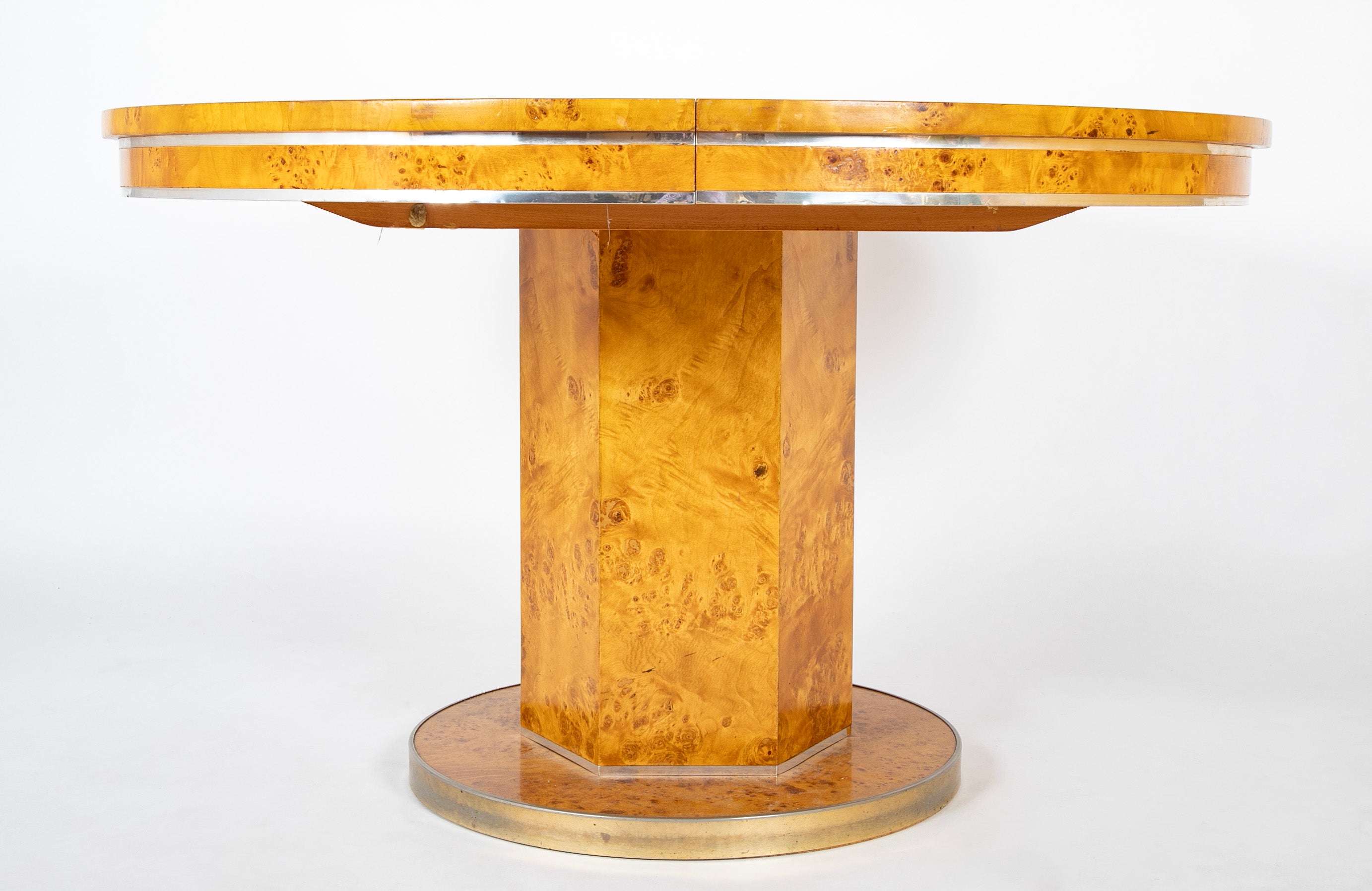 Amboyna Veneer Round Table with Metal Banding by Willy Rizzo