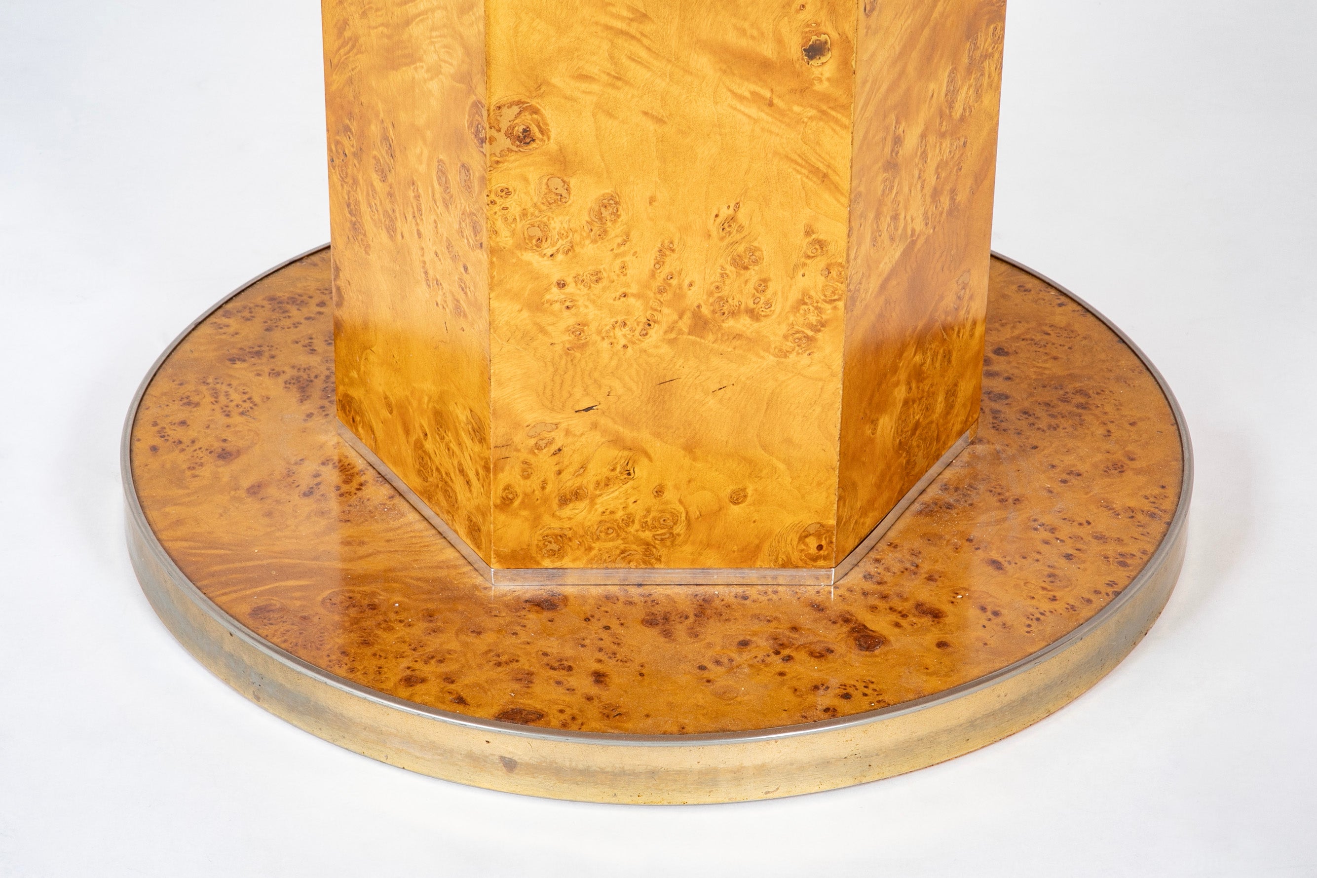 Amboyna Veneer Round Table with Metal Banding by Willy Rizzo