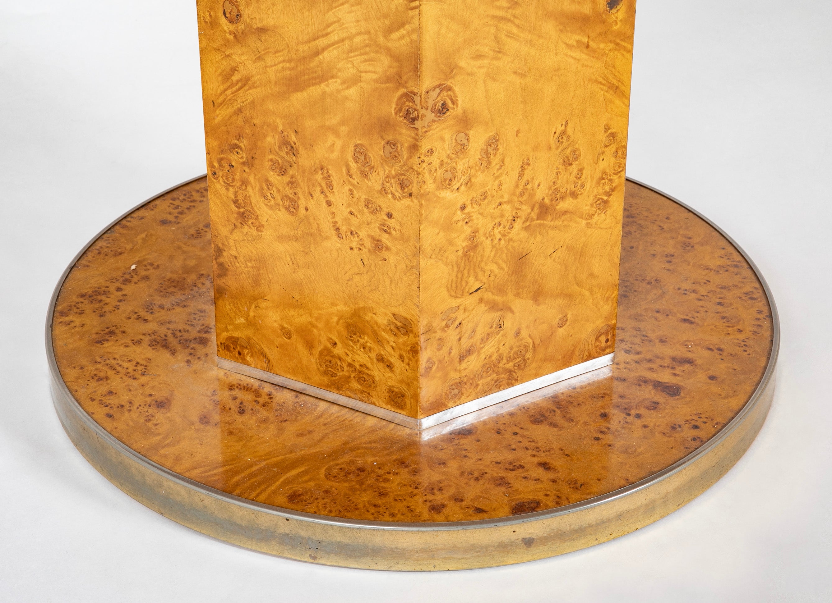 Amboyna Veneer Round Table with Metal Banding by Willy Rizzo