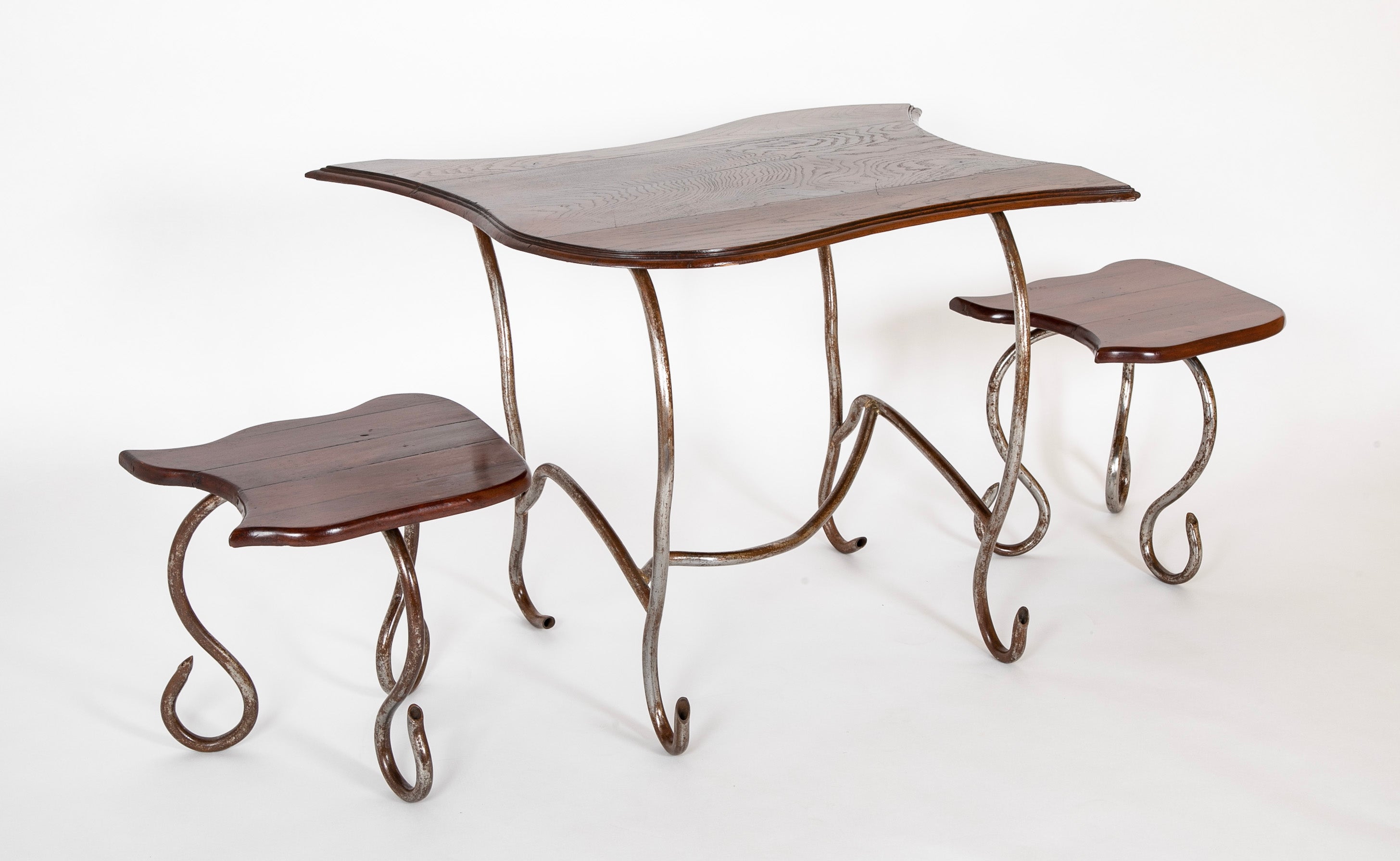 Set of Iron Table and Two Stools Having Wood Tops