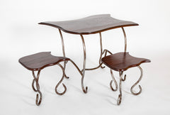 Set of Iron Table and Two Stools Having Wood Tops