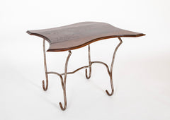 Set of Iron Table and Two Stools Having Wood Tops