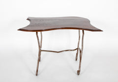 Set of Iron Table and Two Stools Having Wood Tops