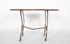 Set of Iron Table and Two Stools Having Wood Tops