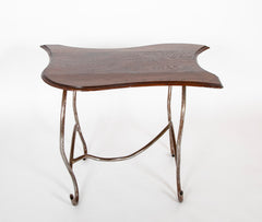 Set of Iron Table and Two Stools Having Wood Tops