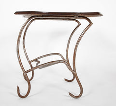 Set of Iron Table and Two Stools Having Wood Tops