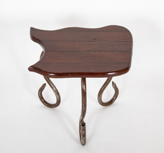 Set of Iron Table and Two Stools Having Wood Tops
