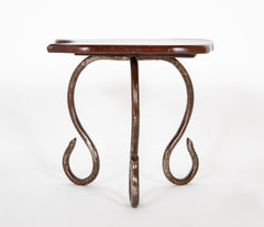 Set of Iron Table and Two Stools Having Wood Tops