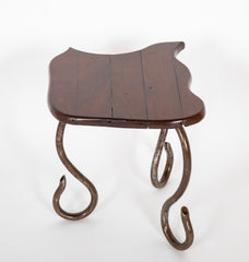 Set of Iron Table and Two Stools Having Wood Tops