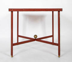 Suite of Jacques Adnet Black & Brown Leather Covered Games Table & Chairs