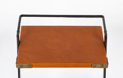 A Jacques Adnet Black and Cognac Leather over Metal Frame Table