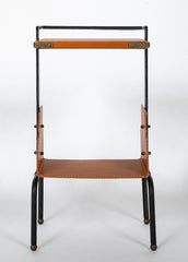 A Jacques Adnet Black and Cognac Leather over Metal Frame Table