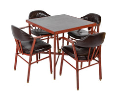 Suite of Jacques Adnet Black & Brown Leather Covered Games Table & Chairs