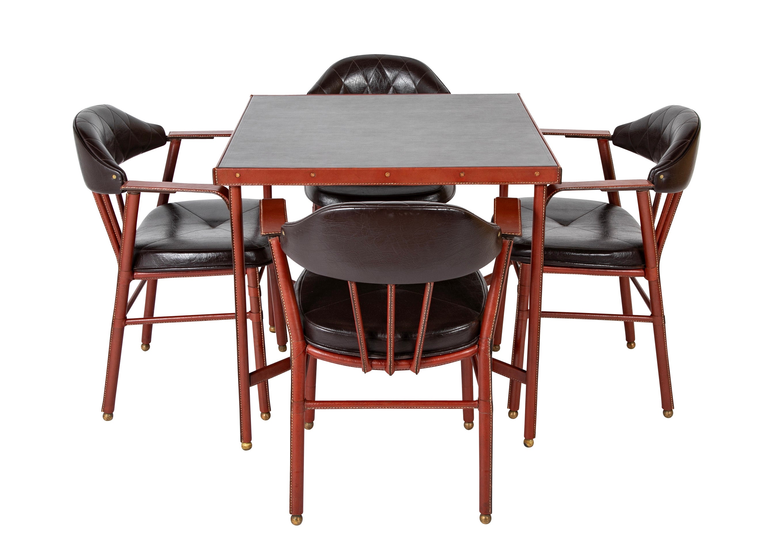 Suite of Jacques Adnet Black & Brown Leather Covered Games Table & Chairs