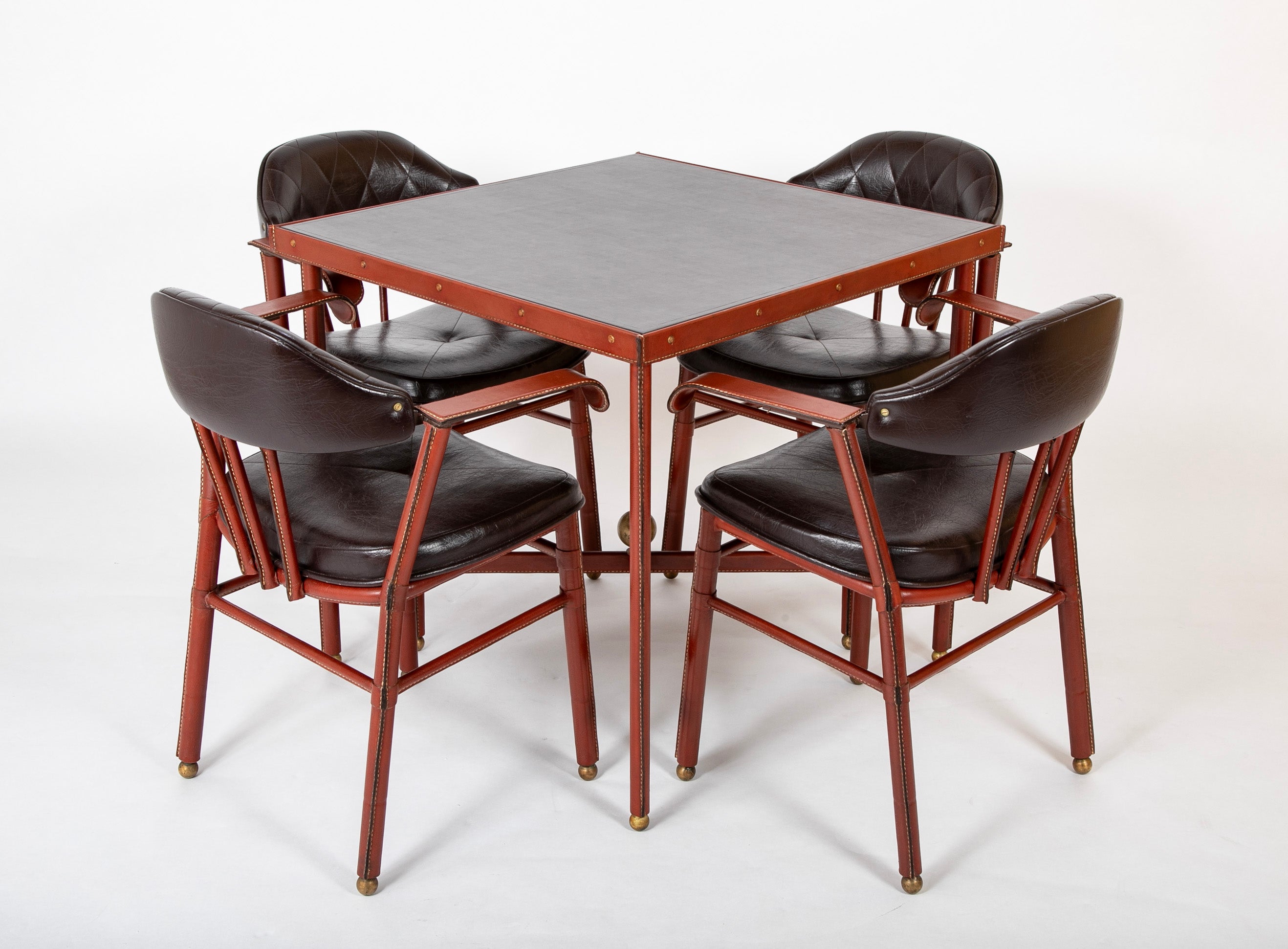 Suite of Jacques Adnet Black & Brown Leather Covered Games Table & Chairs