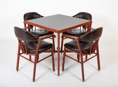 Suite of Jacques Adnet Black & Brown Leather Covered Games Table & Chairs