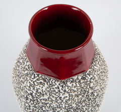 Paul Millet Vermiculated White on Black Ceramic Vase with Red Neck