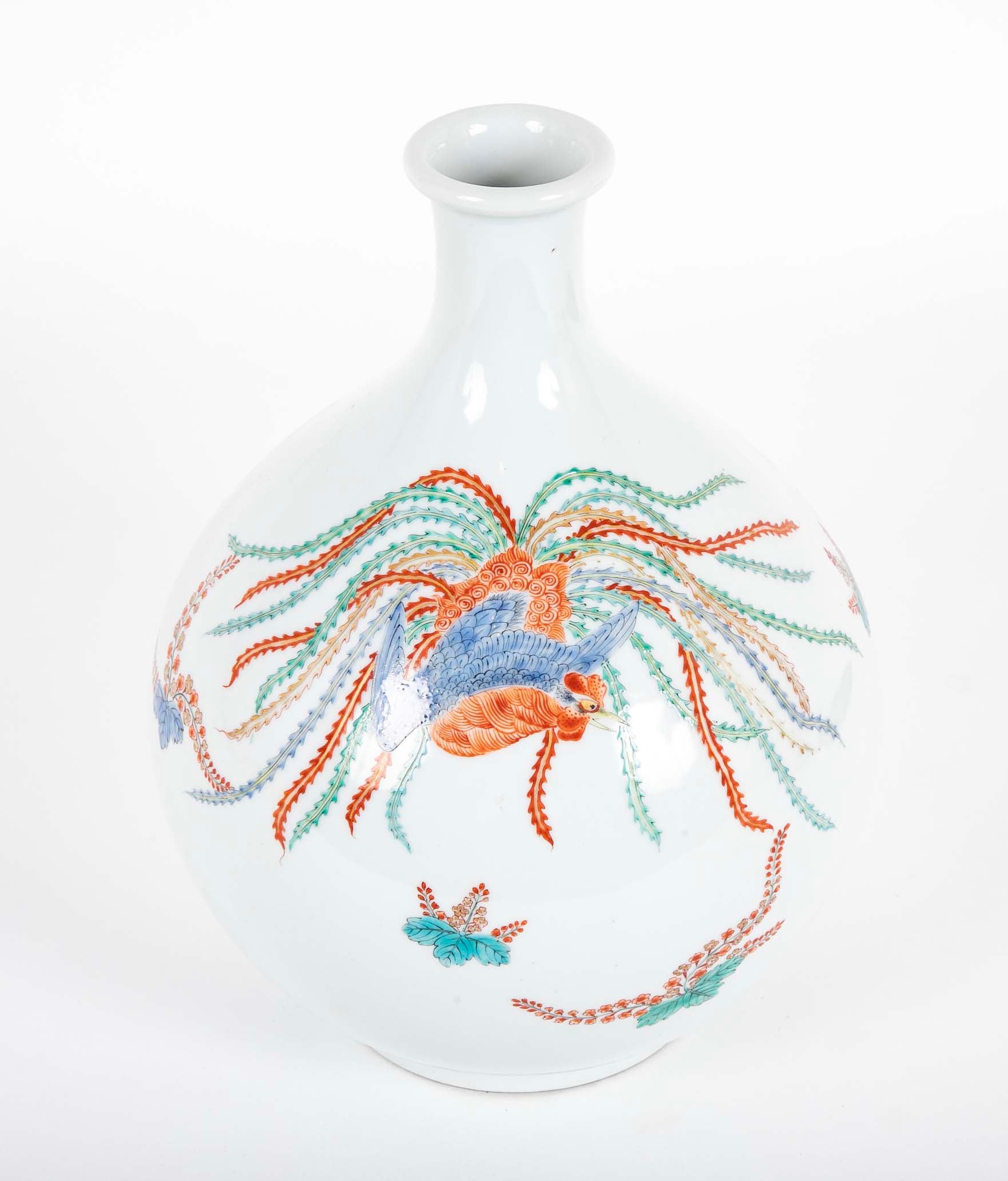 Kakiemon Porcelain Bottle Vase with Bladder Form with Phoenix and Paulownia Design