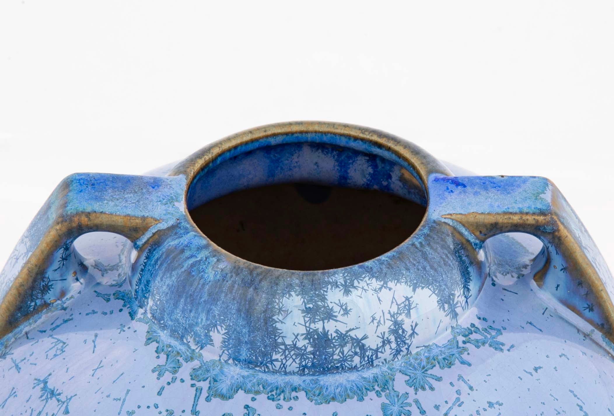 A Fulper Pottery Double Handle Vase with Blue Snowflake Crystalline Glaze