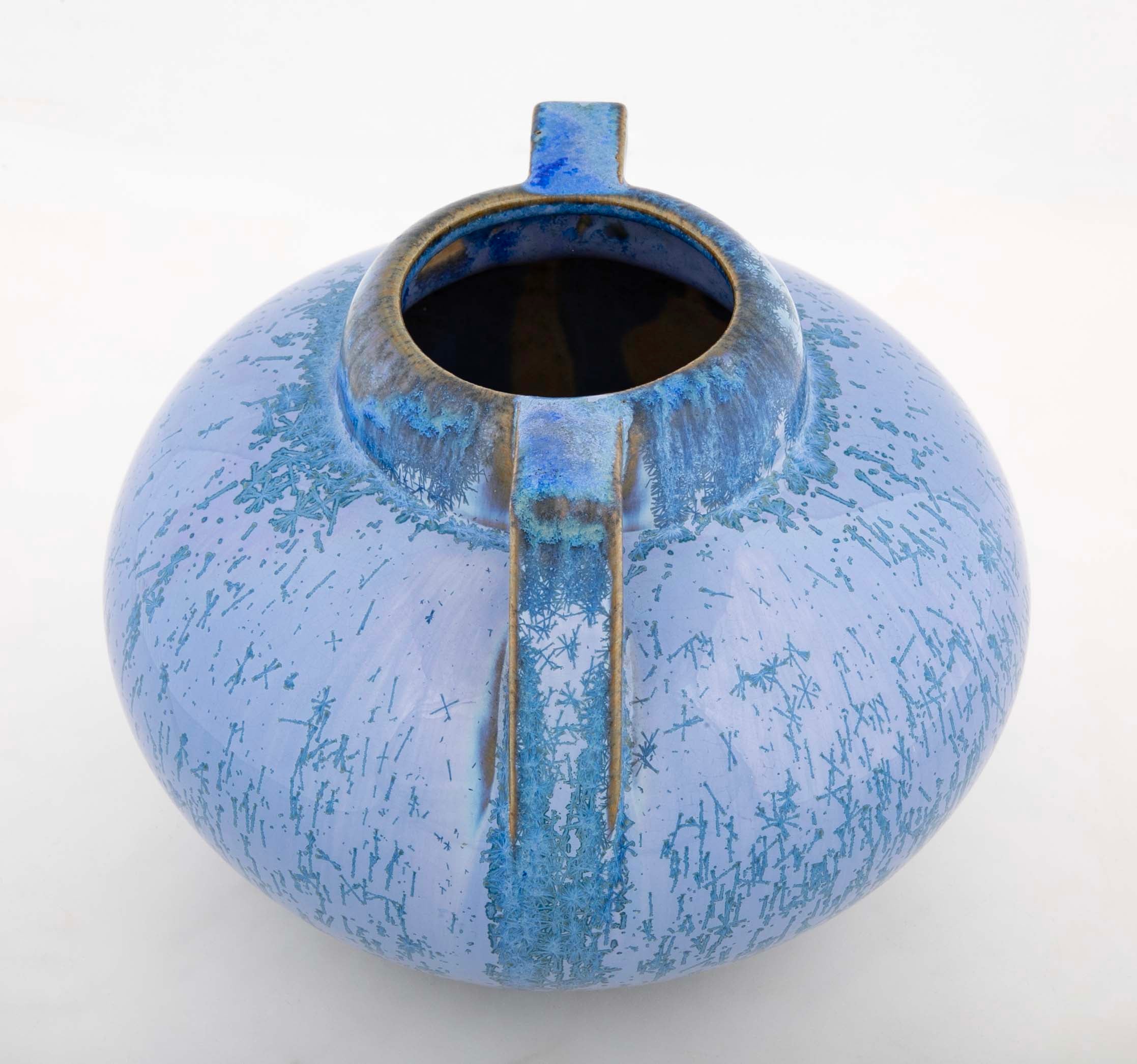 A Fulper Pottery Double Handle Vase with Blue Snowflake Crystalline Glaze