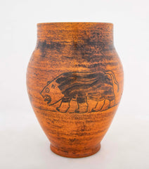 Orange Glazed Vase with Bull by French Ceramist Jacques Blin