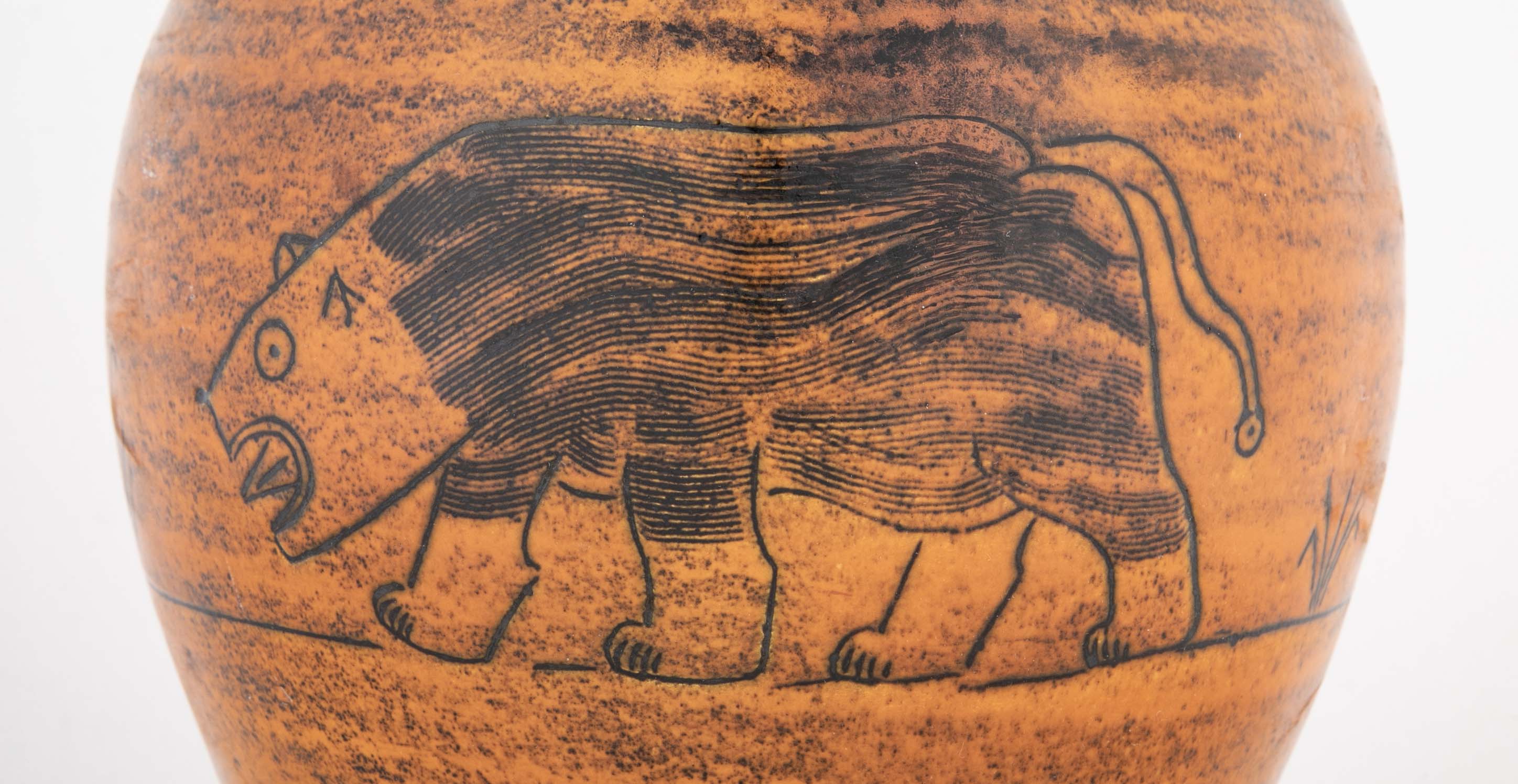 Orange Glazed Vase with Bull by French Ceramist Jacques Blin