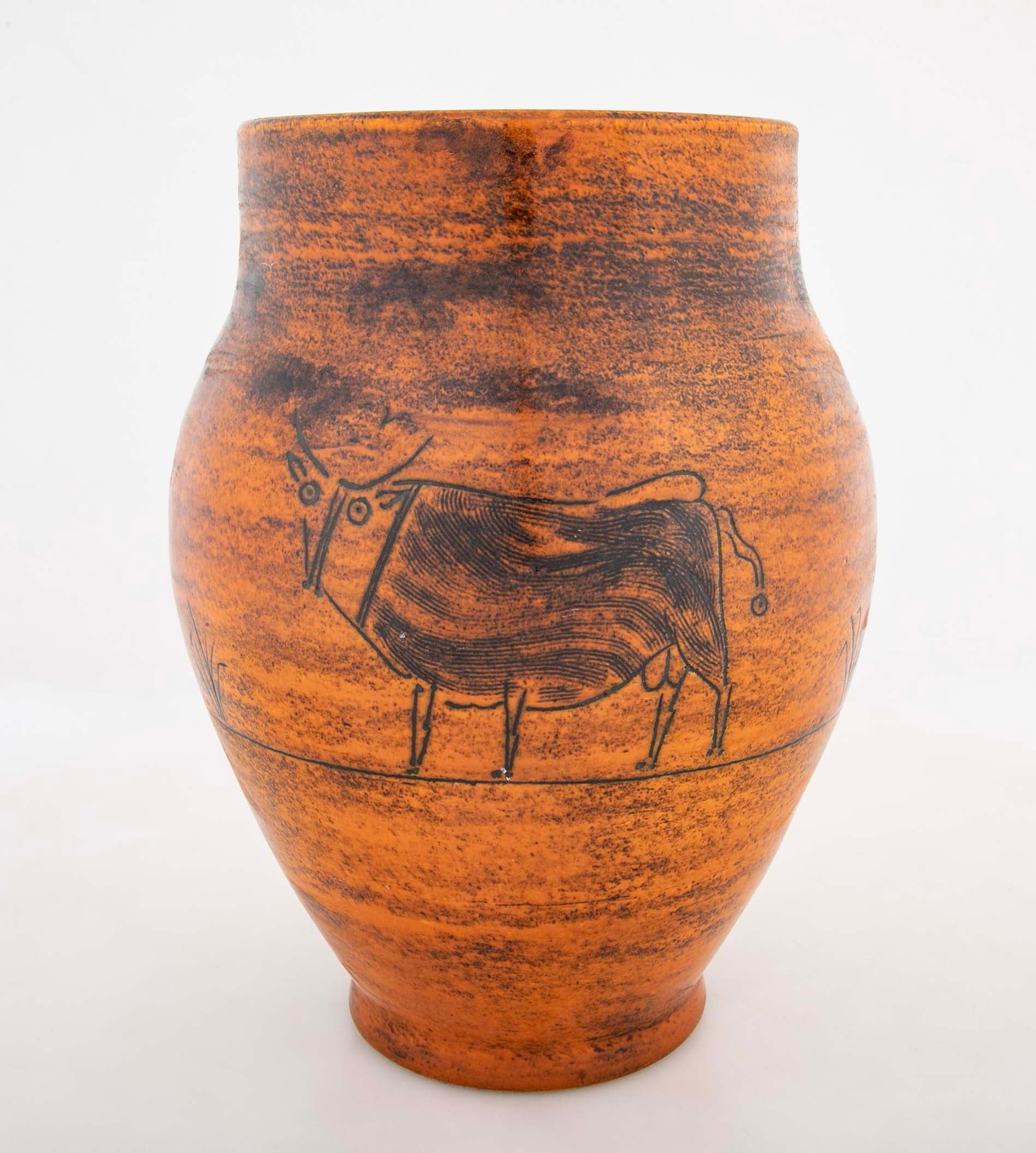 Orange Glazed Vase with Bull by French Ceramist Jacques Blin