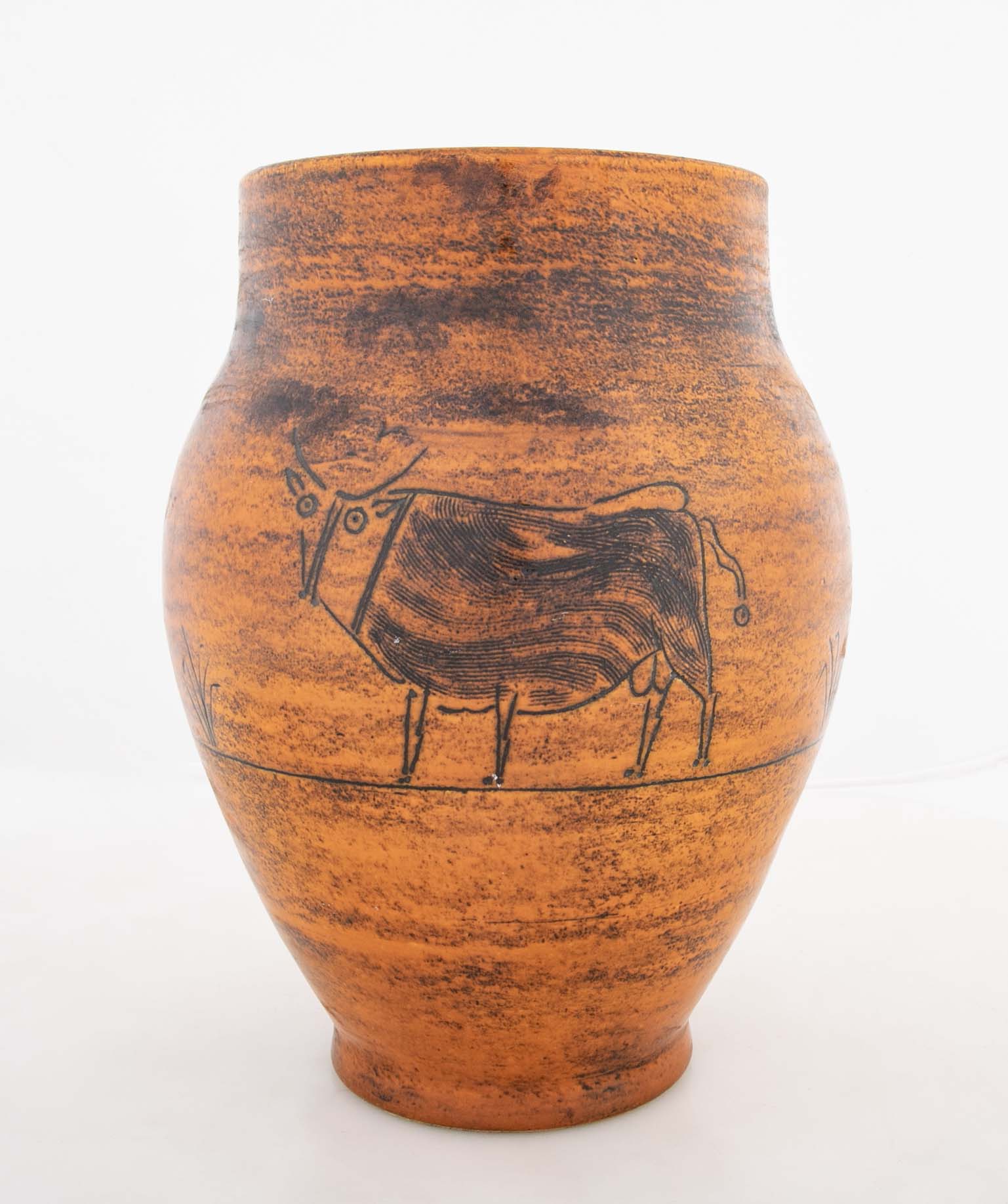 Orange Glazed Vase with Bull by French Ceramist Jacques Blin