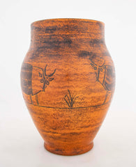 Orange Glazed Vase with Bull by French Ceramist Jacques Blin