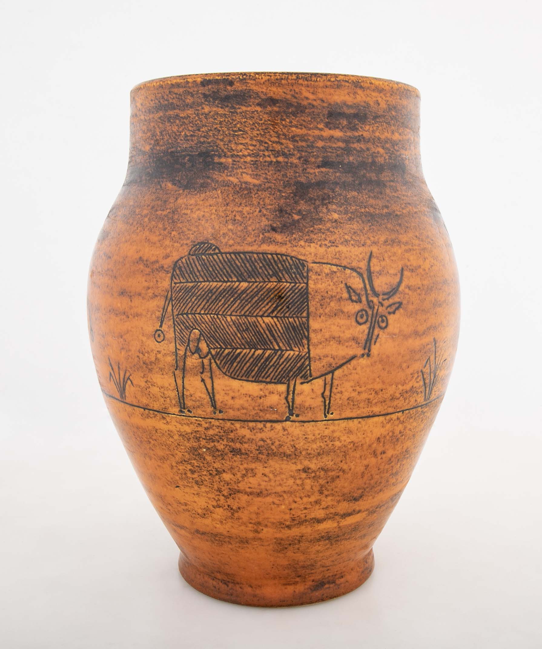Orange Glazed Vase with Bull by French Ceramist Jacques Blin