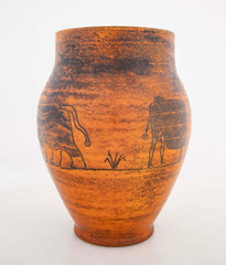 Orange Glazed Vase with Bull by French Ceramist Jacques Blin