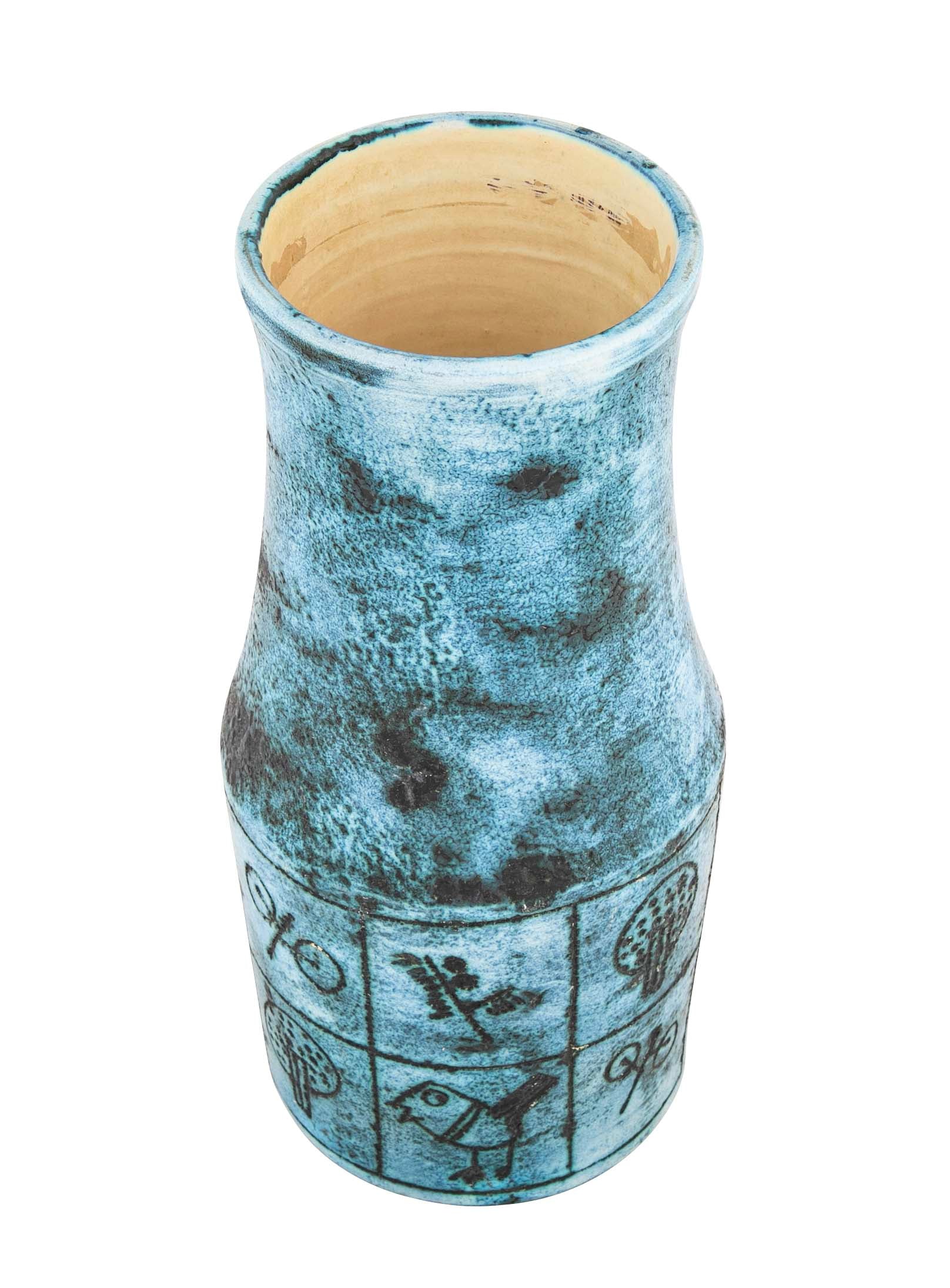 A Jacques Blin Blue Glazed Ceramic Vase with Bird Decor