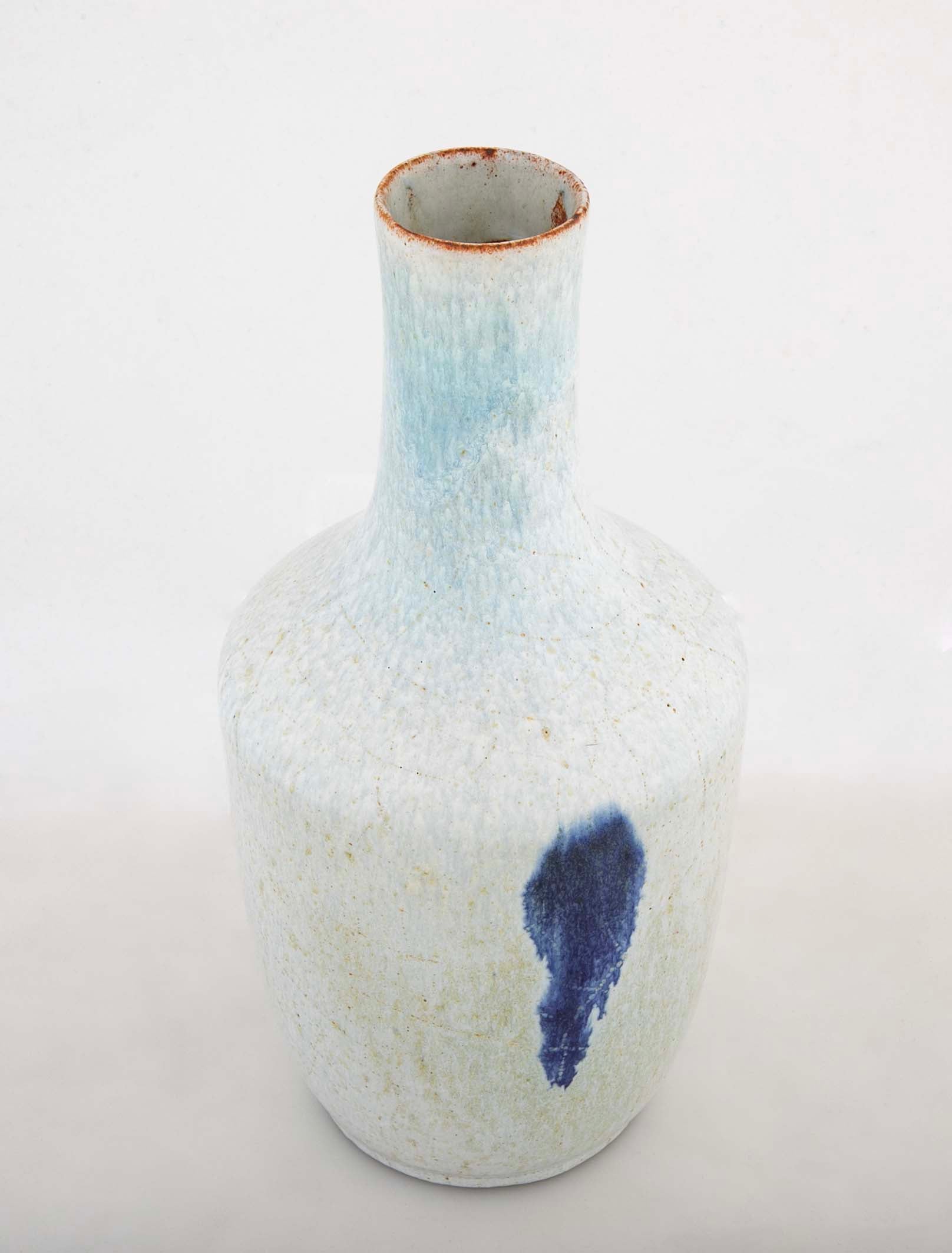 Glazed White & Blue Stoneware Vase by French Ceramist Jean Besnard