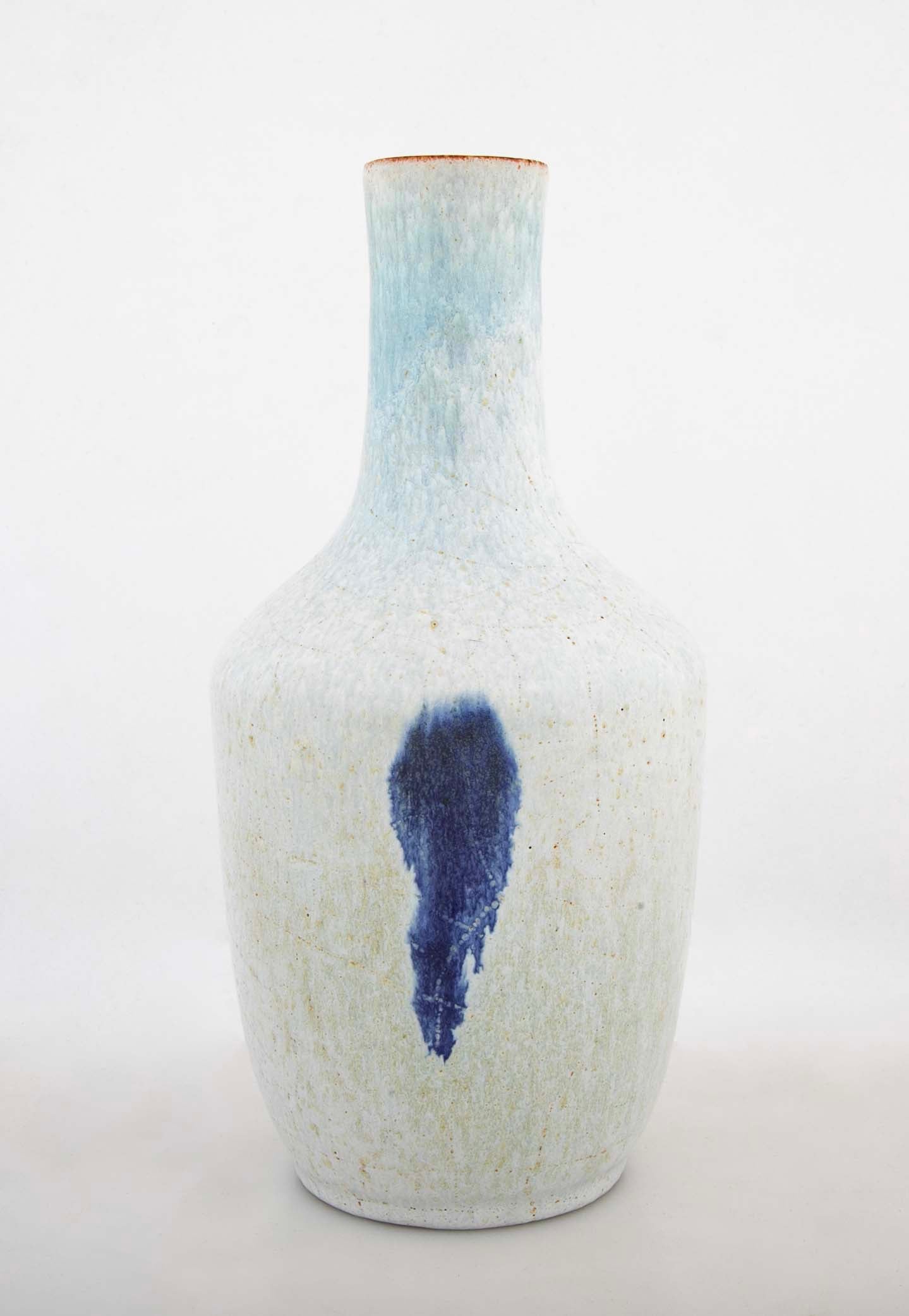 Glazed White & Blue Stoneware Vase by French Ceramist Jean Besnard
